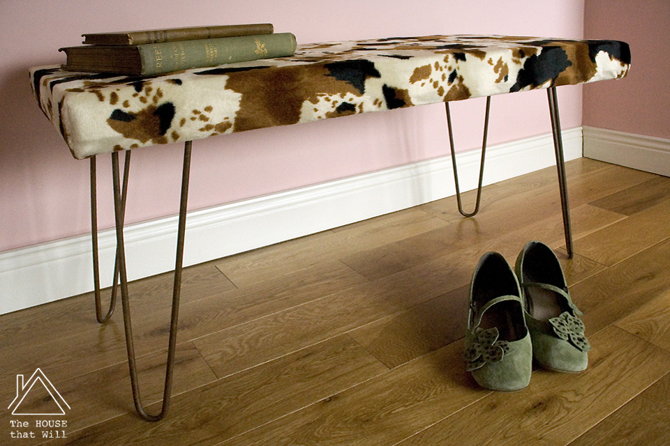 DIY Faux Cowhide Upholstered Padded Bench with Hairpin Legs