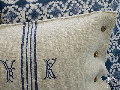 Buttoned Grain Sack Cushion